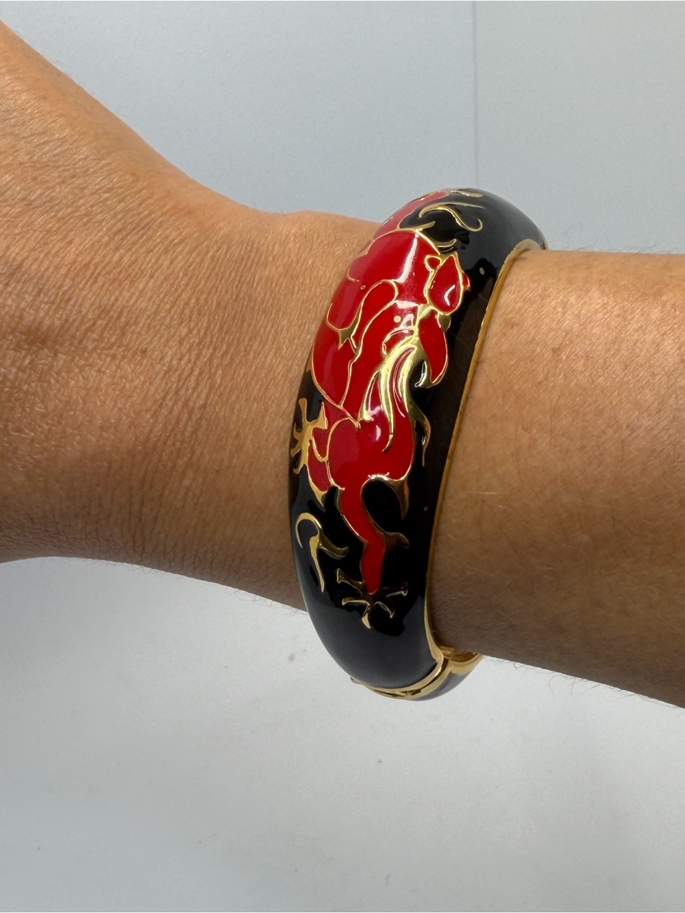 Joan Rivers Black and Red Enamel Dragon Bangle Bracelet